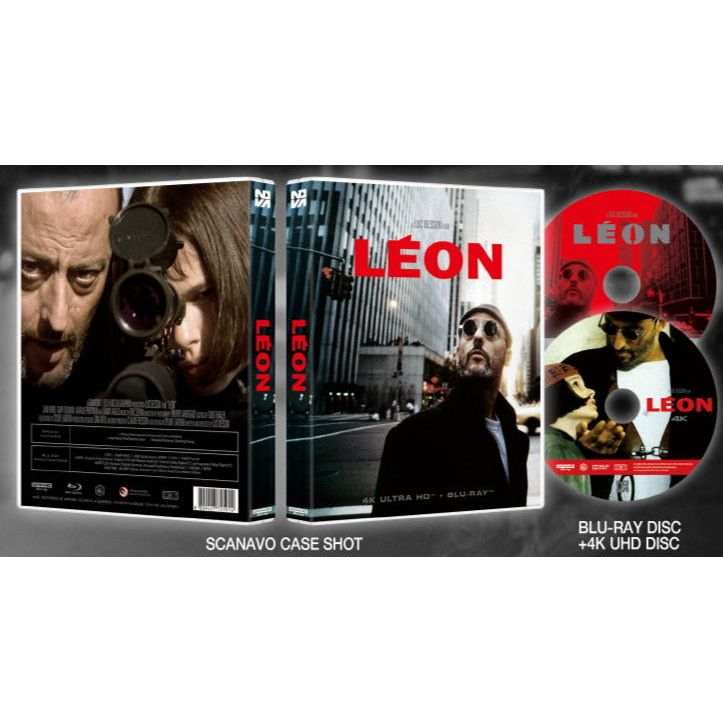 Leon 4K UHD and Blu-Ray Scanavo Full Slip Edition movie set with cover and discs featuring action crime drama artwork