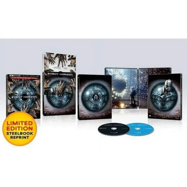 Event Horizon Limited Edition Steelbook 4K UHD and Blu-Ray with digital copy showing detailed sci-fi artwork and packaging.