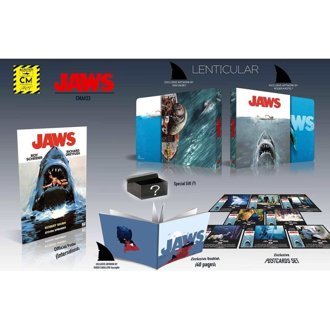 Jaws 4K UHD and Blu-Ray combo box set with lenticular full slip steelbook, photo-booklet, postcards, and special tooth replica gift