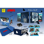 Jaws 4K UHD and Blu-Ray collector’s edition with lenticular steelbook, variant amaray case, photo-booklet, postcards, and special tooth replica gift.
