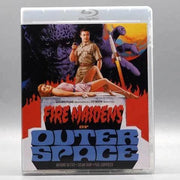 Fire Maidens of Outer Space Blu-ray cover featuring sci-fi artwork with a man standing and a woman reclining against a fiery background and a large monster hand reaching from space.