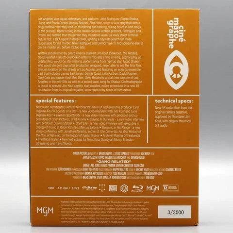 Blu-ray cover of Gang Related movie with synopsis, cast, special features, and technical specs on orange background