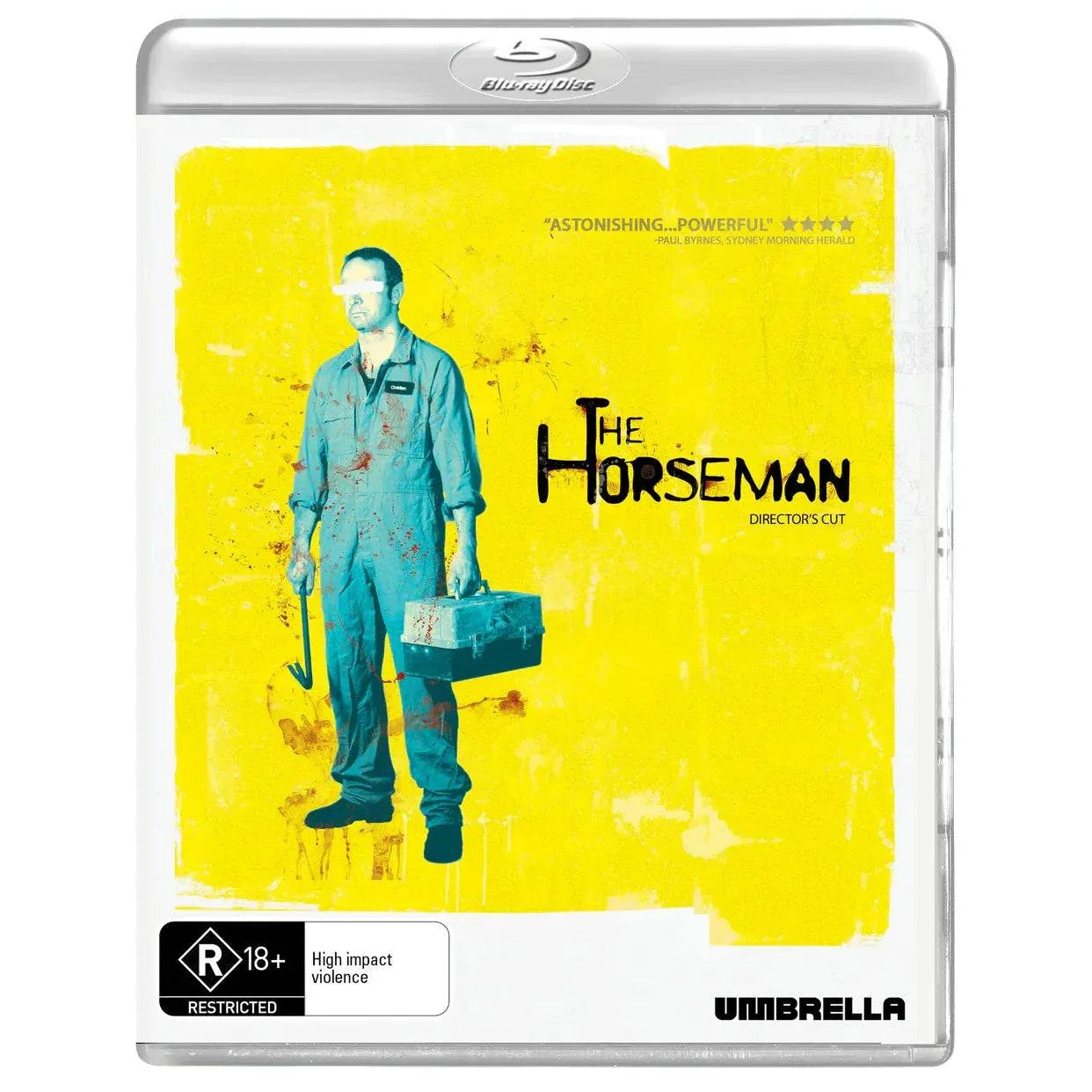The Horseman Directors Cut 2008 Blu-Ray cover with yellow background and man holding toolbox and crowbar