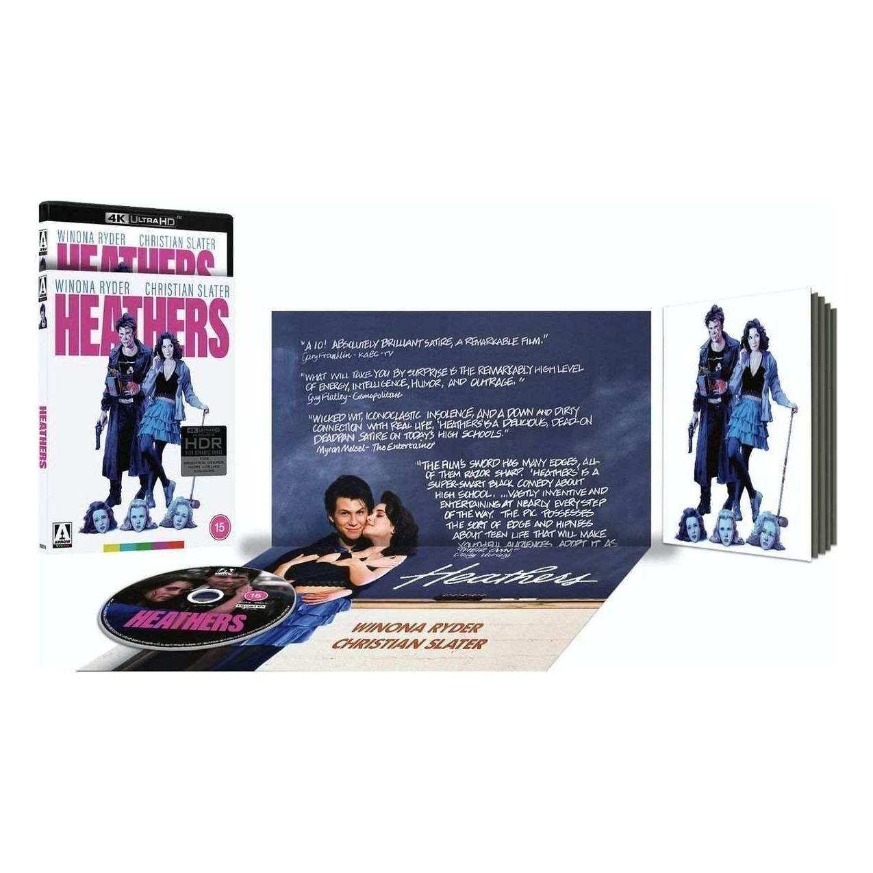 Heathers Limited Edition 4K Ultra HD set with slipcover, extras, and collectible booklet, featuring artwork and Blu-ray disc.