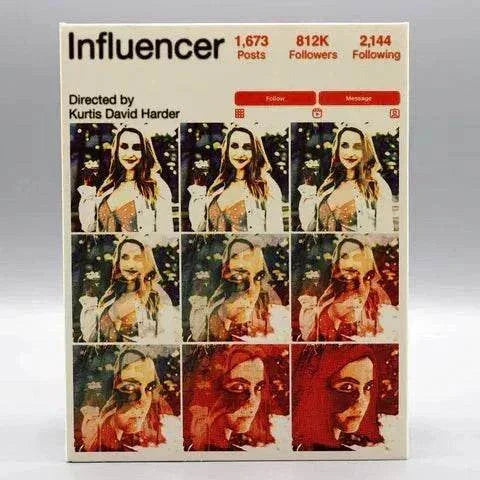 Shudder Influencer Blu-Ray cover featuring a grid of social media-style photos of a woman with changing facial expressions and an Instagram-like interface design.
