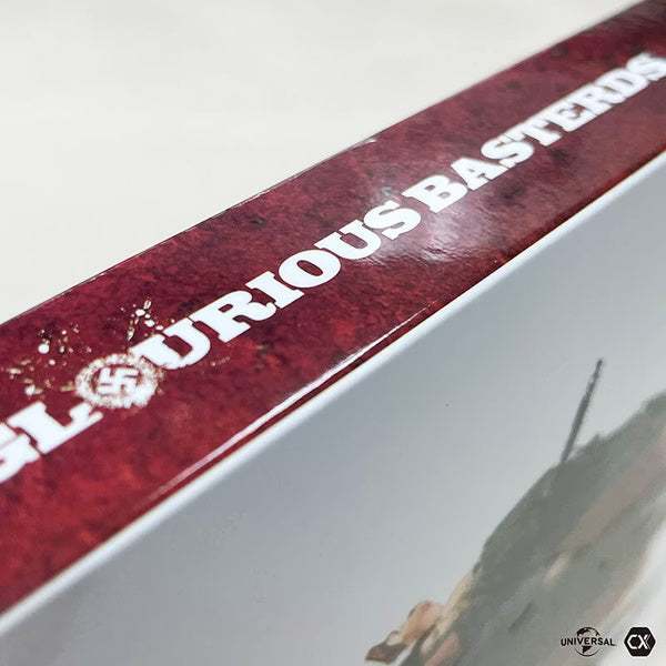 Close-up of Inglourious Basterds 4K UHD limited edition full slip packaging with embossed spot gloss finish and steelbook box edge