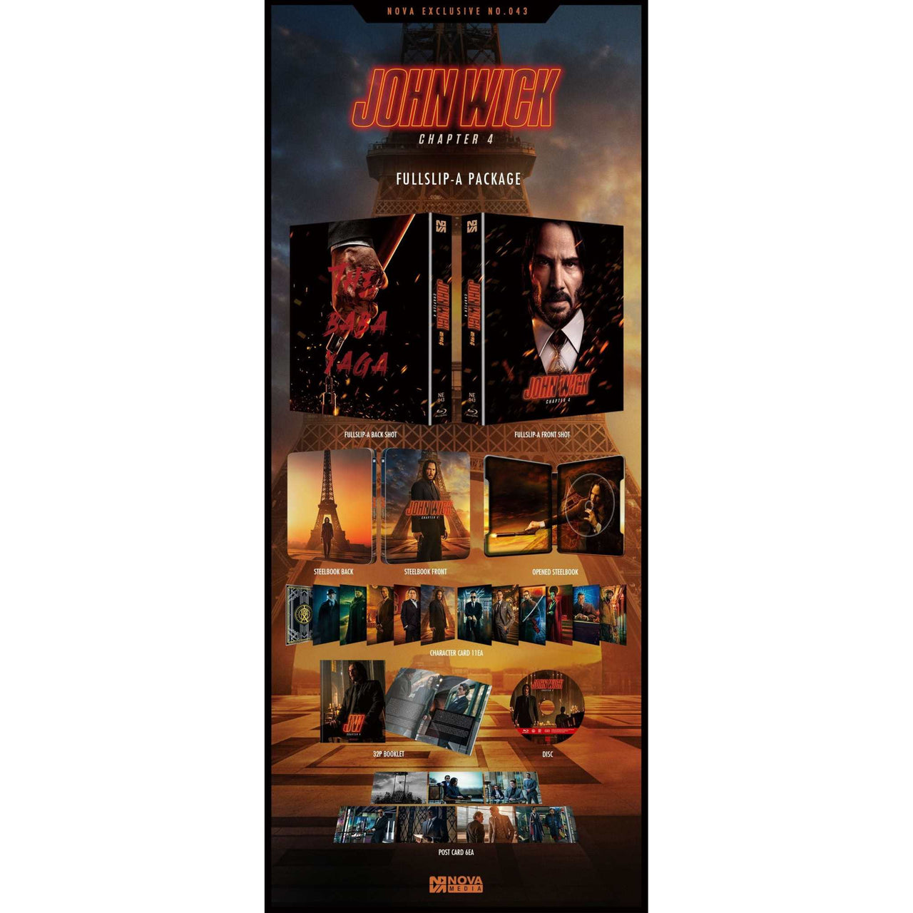 John Wick Chapter 4 Blu-ray steelbook Full Slip-A edition with artwork, booklet, character cards, postcards, and special features packaging