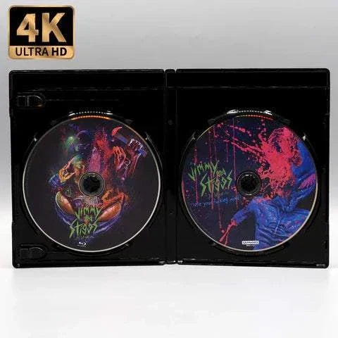 Jimmy and Stiggs 4K UHD and Blu-ray discs inside open black case with colorful horror-themed artwork and 4K Ultra HD logo