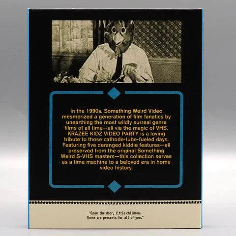Krazee Kidz Video Party Blu-Ray with limited edition slipcover featuring surreal 1990s Something Weird Video kiddie films collection