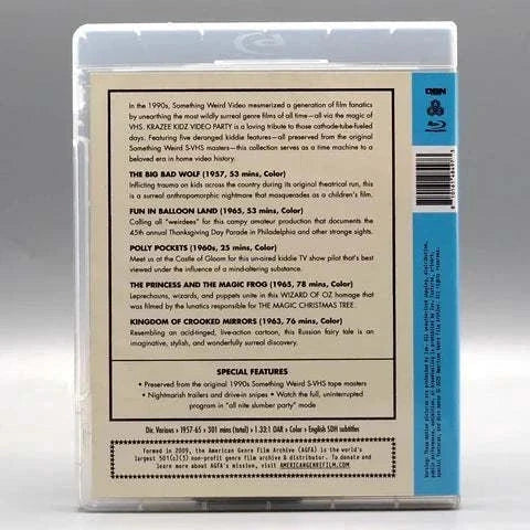 Krazee Kidz Video Party Blu-Ray with limited edition slipcover featuring rare 1957-1965 surreal kiddie films preserved from original Something Weird S-VHS masters.