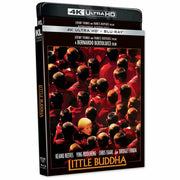 Little Buddha 4K UHD and Blu-Ray cover featuring Keanu Reeves, Bridget Fonda, and Chris Isaak in a scene from the film; directed by Bernardo Bertolucci, with slipcover packaging.