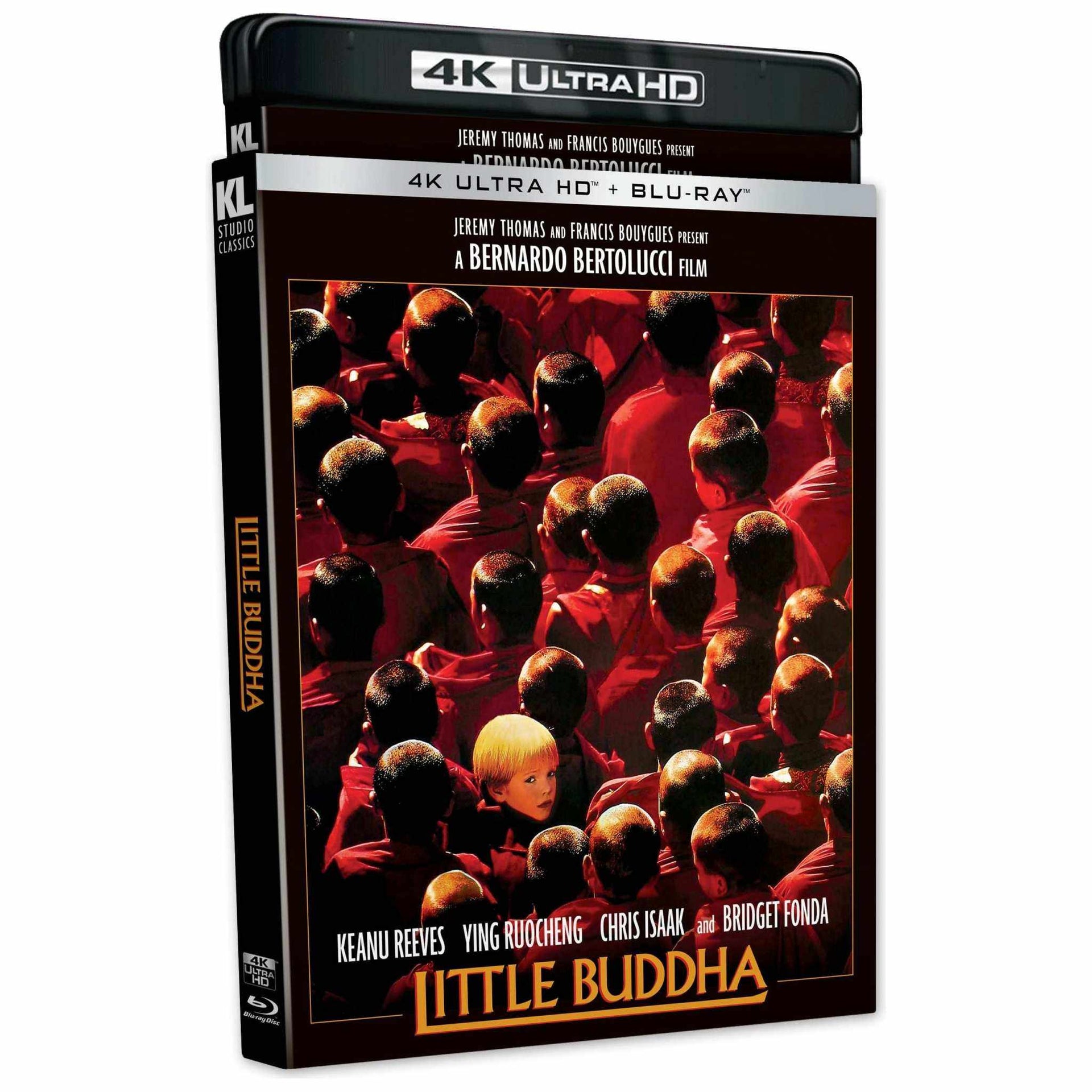 Little Buddha 4K UHD and Blu-Ray cover featuring Keanu Reeves, Bridget Fonda, and Chris Isaak in a scene from the film; directed by Bernardo Bertolucci, with slipcover packaging.