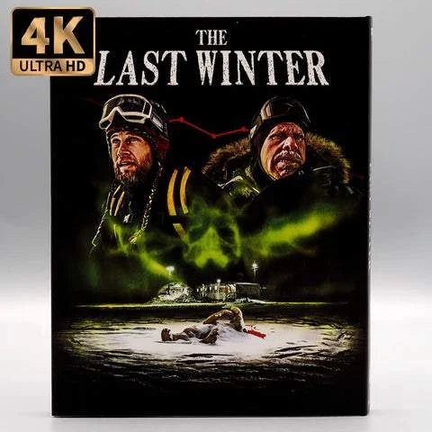 Vinegar Syndrome 4K Ultra HD Blu-ray cover of The Last Winter horror film with two men in winter gear and eerie green smoke over icy landscape