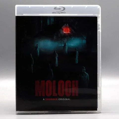 Shudder - Moloch Blu-Ray with limited edition slipcover showing dark horror movie cover with figures and red glowing window