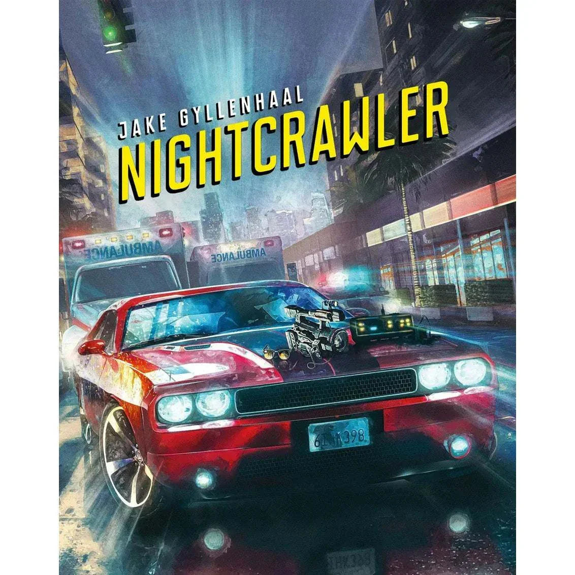 Nightcrawler Steelbook limited edition 4K UHD and Blu-Ray featuring Jake Gyllenhaal with a red muscle car and ambulance in a nighttime city scene