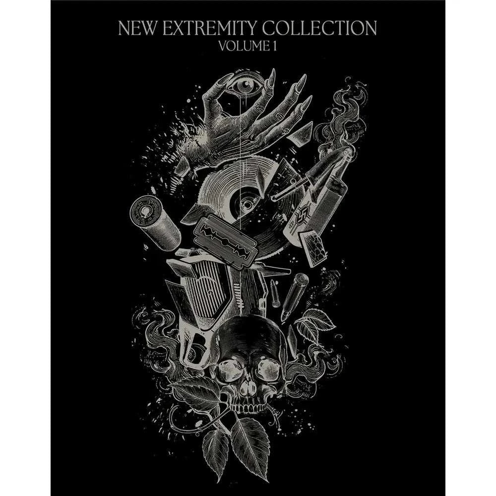 Black and white eerie illustration featuring a skull, hands, razor blades, and various objects for New Extremity Collection Volume 1 Blu-Ray Box Set cover.