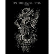 Black and white eerie illustration featuring a skull, hands, razor blades, and various objects for New Extremity Collection Volume 1 Blu-Ray Box Set cover.