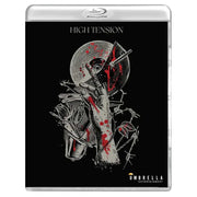 Blu-ray cover of High Tension film from New Extremity Collection Volume 1 by Umbrella Entertainment featuring a graphic blood-spattered hand holding a circular saw blade against a black background.