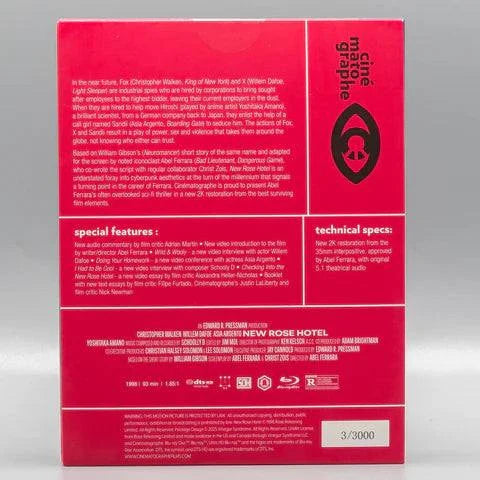 New Rose Hotel Blu-Ray limited edition slipcase and mediabook packaging showing film synopsis and special features