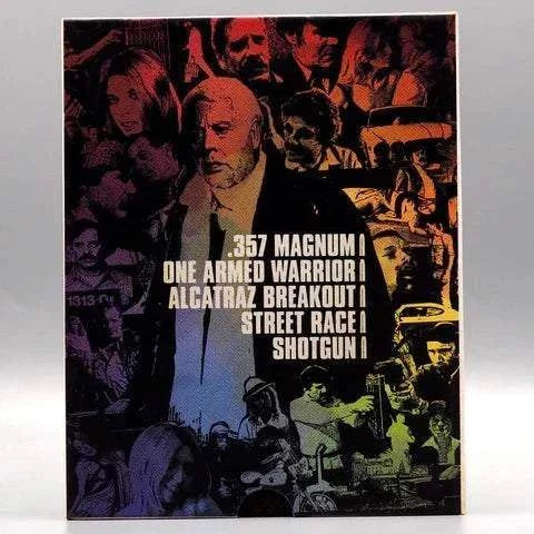 Vinegar Syndrome Nick Millard Action Collection Blu-Ray slipcase featuring artwork from all five films including .357 Magnum, One Armed Warrior, Alcatraz Breakout, Street Race, and Shotgun.