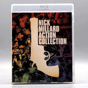 Blu-ray case of the Nick Millard Action Collection featuring a large revolver silhouette and collage of action scenes.