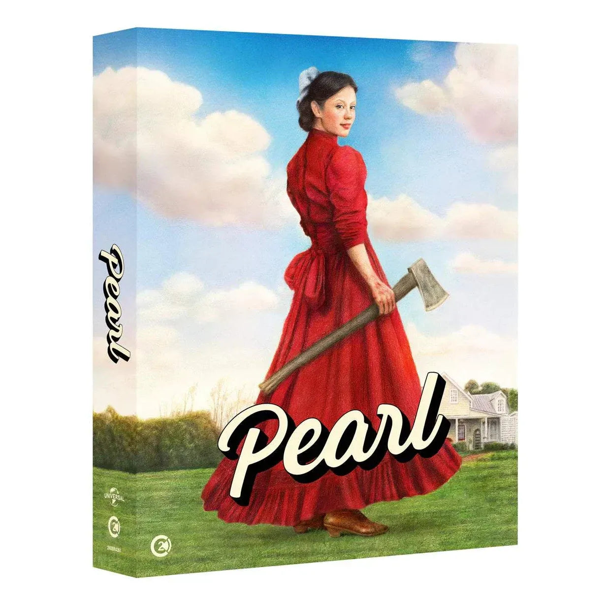 Pearl Limited Edition 4K Ultra HD movie slipcase with woman in red dress holding axe on grassy field background