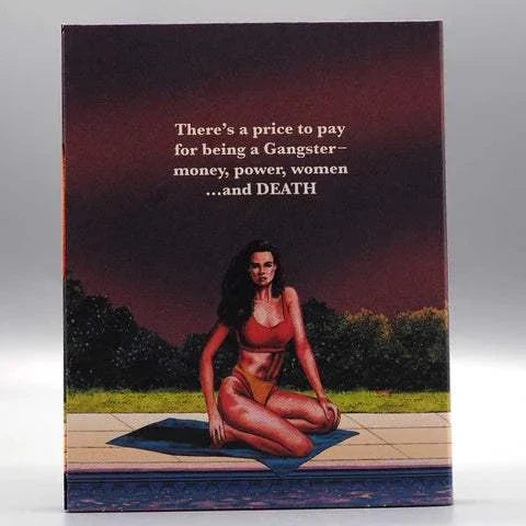 VHSHitfest Permanent Damage Blu-Ray slipcover featuring a woman in a red bikini sitting by a pool with a dark forest background and a tagline about the price of being a gangster.