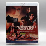 VHSHitfest Permanent Damage Blu-Ray cover featuring suburban gangster story with characters holding guns and women lounging by a pool.