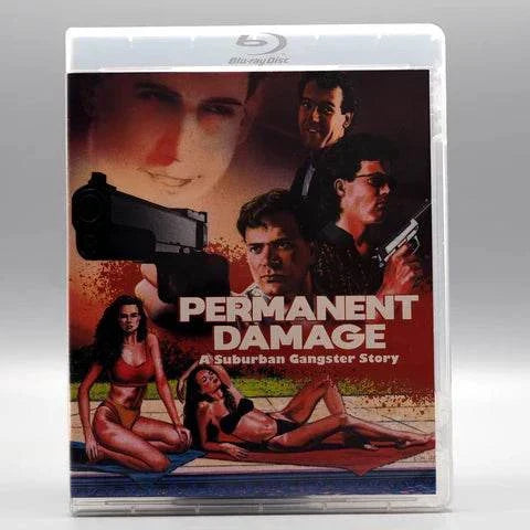 VHSHitfest Permanent Damage Blu-Ray cover featuring suburban gangster story with characters holding guns and women lounging by a pool.