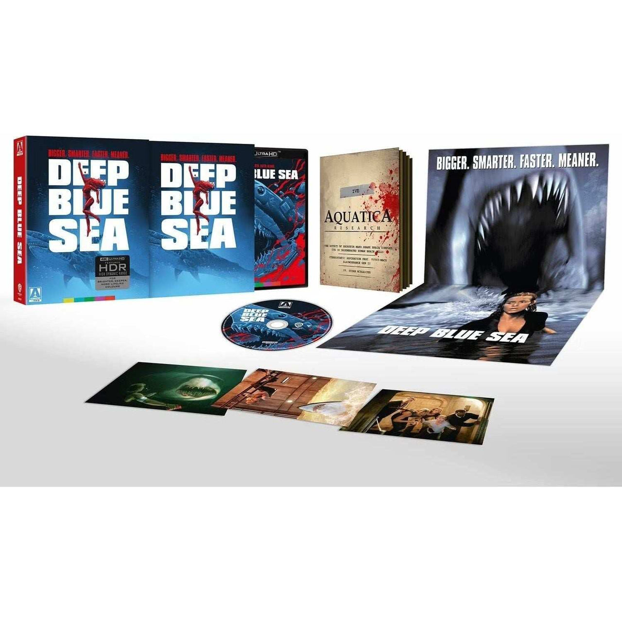 Deep Blue Sea 4K UHD movie set with rigid slipcase, collector's book, poster, postcards, and bonus artwork