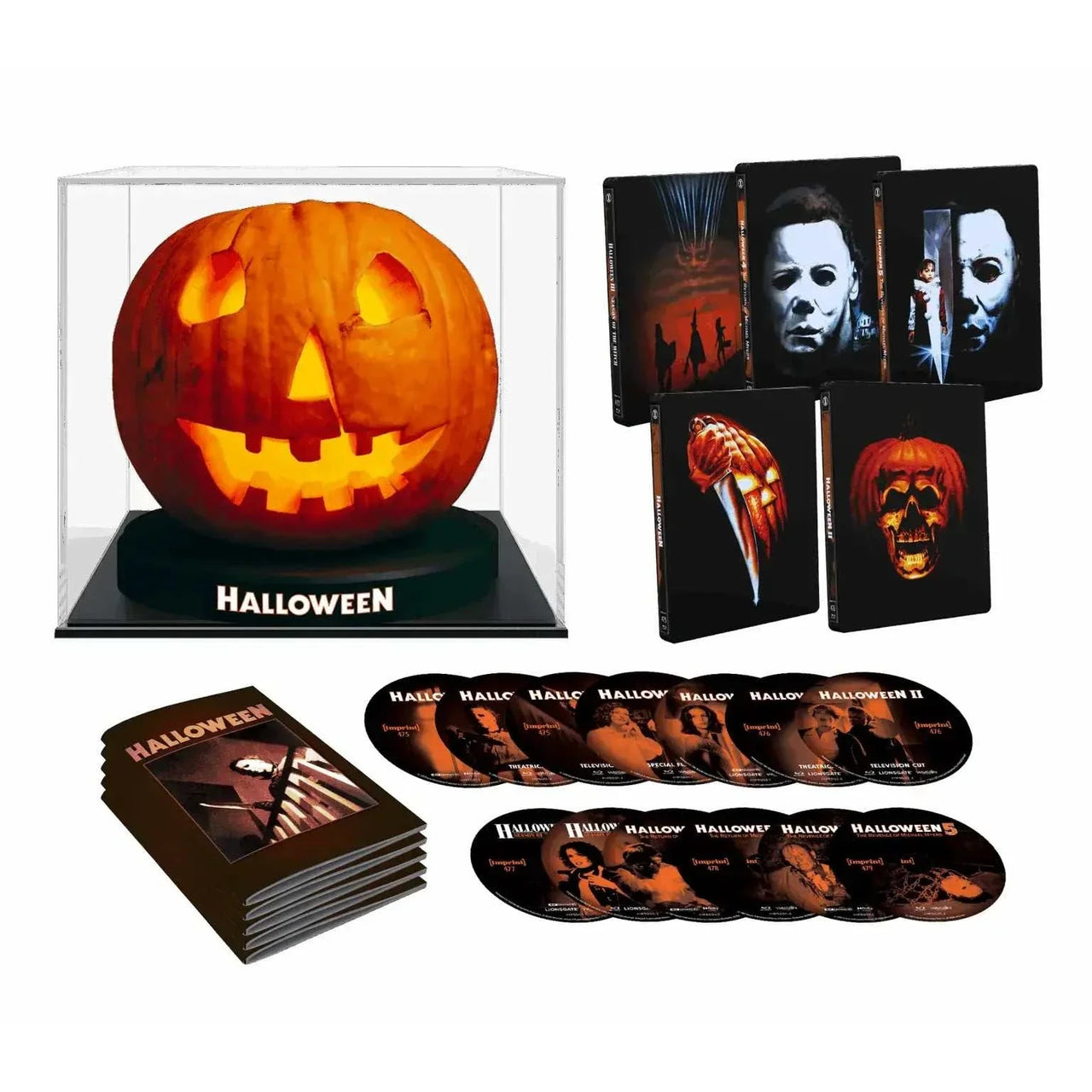Limited edition Halloween I – V 4K UHD and Blu-ray collection with hand-painted jack o’lantern display and steelbook cases