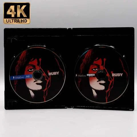Vinegar Syndrome Ruby 4K UHD and Blu-Ray set with limited edition slipcover showing dual discs with red face artwork
