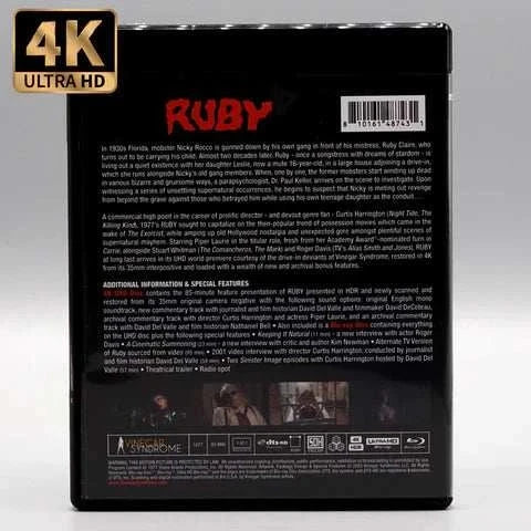 Vinegar Syndrome Ruby 4K UHD and Blu-Ray limited edition slipcover back packaging with film details and bonus features.