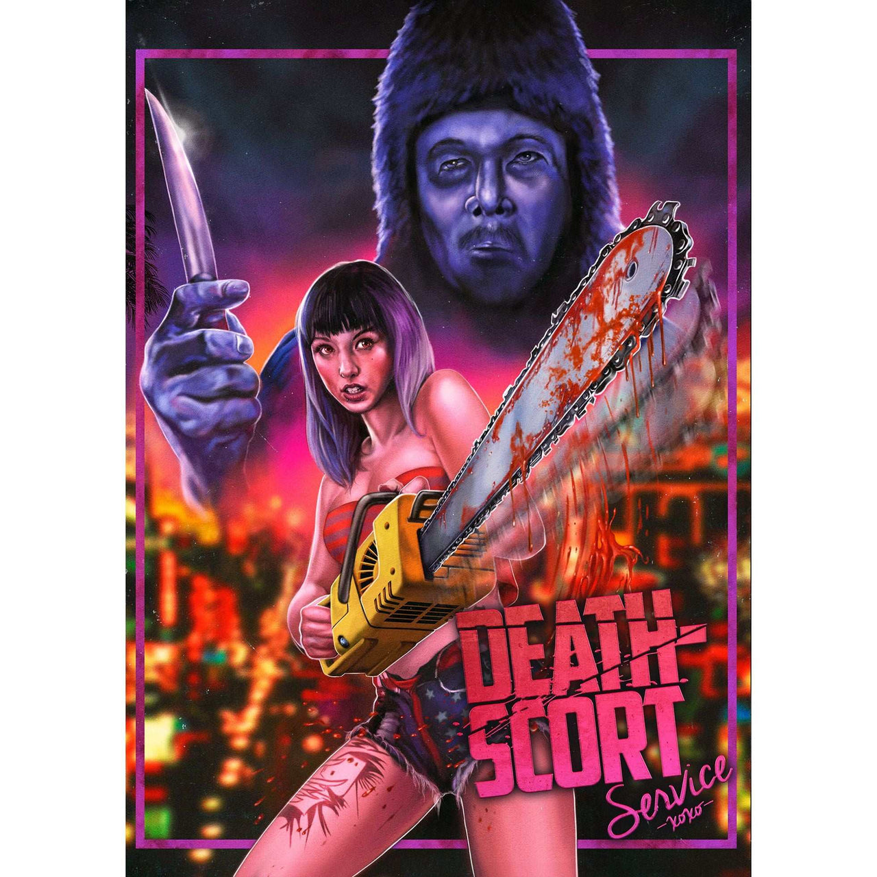 Death-scort Service Blu-ray cover featuring a woman with a chainsaw and a masked killer in a dark Las Vegas setting