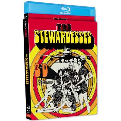The Stewardesses 3-D Blu-ray cover with retro artwork and flight attendants in vintage style