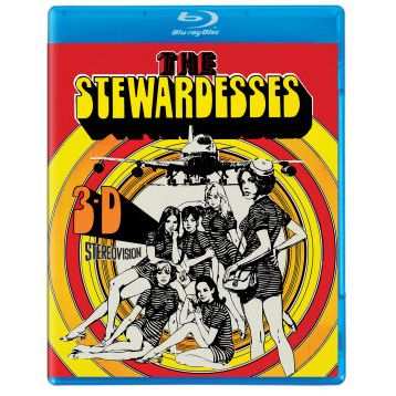 The Stewardesses 3-D Blu-ray cover featuring illustrated flight attendants with retro 3-D design and bold title
