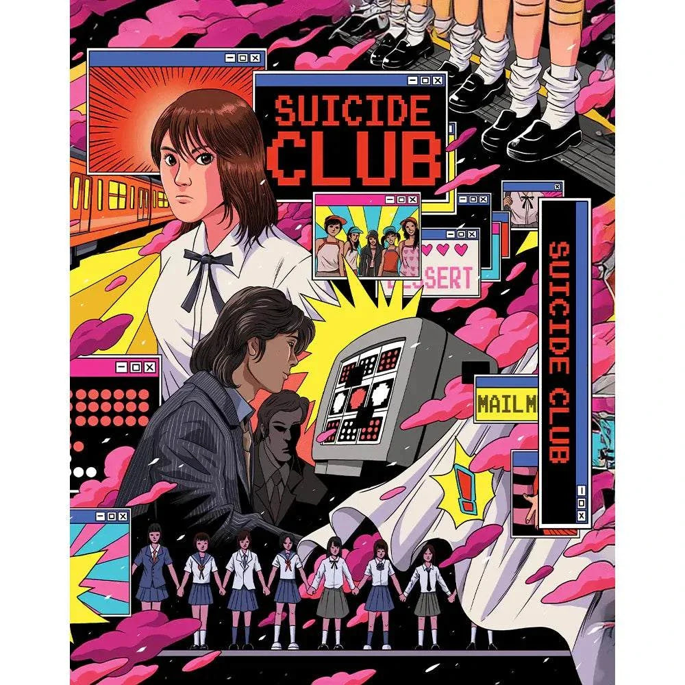 Suicide Club 2001 4K UHD Blu-Ray limited edition slipcover cover art with colorful anime-style characters and schoolgirls in Japanese horror film poster design