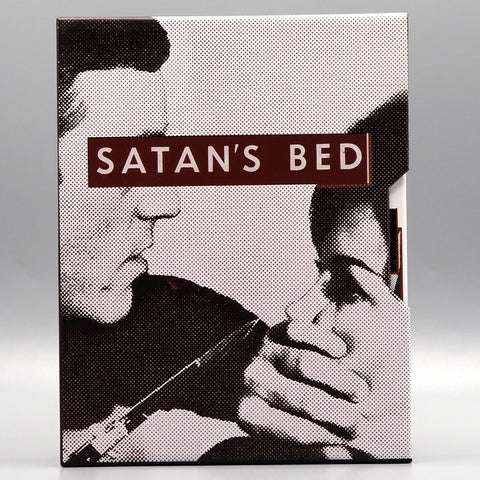 Satan's Bed + Scare Their Pants Off Blu-Ray slipcase with black and white crime thriller artwork showing a man holding a woman by the mouth.
