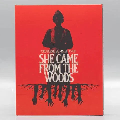 Pre-order She Came from the Woods Blu-Ray with limited edition slipcover, horror movie cover art in red with eerie silhouettes.