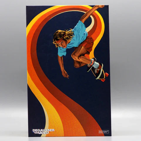 Limited Edition Deluxe LED VHS skateboard with vibrant 70s artwork featuring a skateboarder against a swirling retro backdrop.