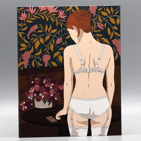 Sleeping Beauty Blu-Ray with slipcover featuring artistic illustration of a woman in lingerie against floral wallpaper.