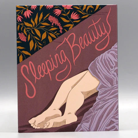 Sleeping Beauty Blu-Ray cover with artistic illustration featuring floral patterns and legs wrapped in a purple cloth.