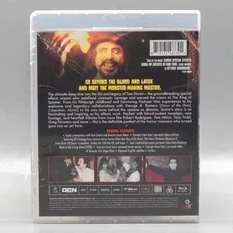 Blu-ray case back cover of Smoke and Mirrors: The Story of Tom Savini with special effects artist details, limited edition slipcover, and exclusive behind-the-scenes content.