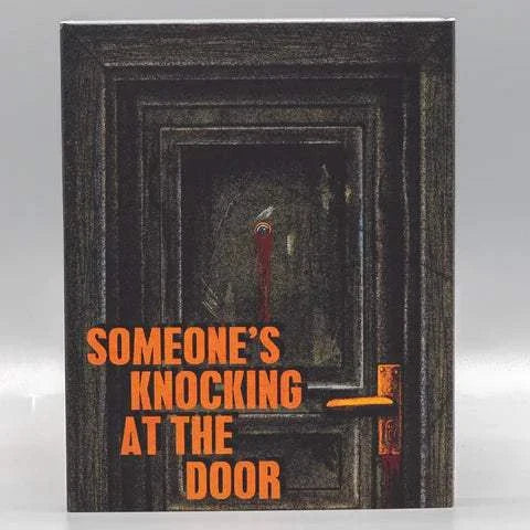 Blu-ray slipcover for Someone's Knocking at the Door with dark door and orange text
