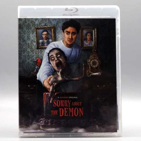 Shudder Sorry About the Demon Blu-Ray cover featuring haunted horror design with man and demon face
