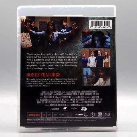 Shudder Sorry About the Demon Blu-Ray back cover showing movie synopsis, bonus features, and slipcover packaging.