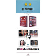 The Substance Steelbook Fullslip A1 Limited Edition with holographic paper, 4K UHD and Blu-Ray discs, photo book, art cards, and exclusive sticker displayed.