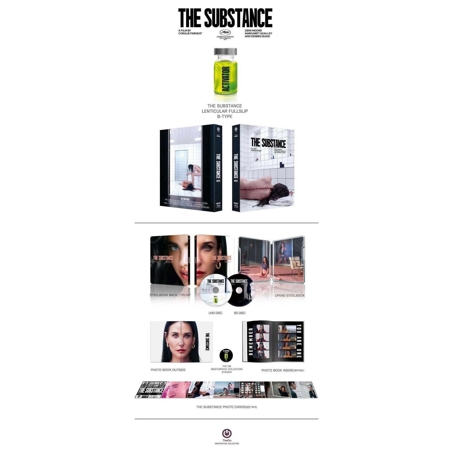 The Substance Steelbook Lenticular Fullslip Limited Edition 2-disc set with 4K UHD and Blu-Ray, featuring photo book and art cards.