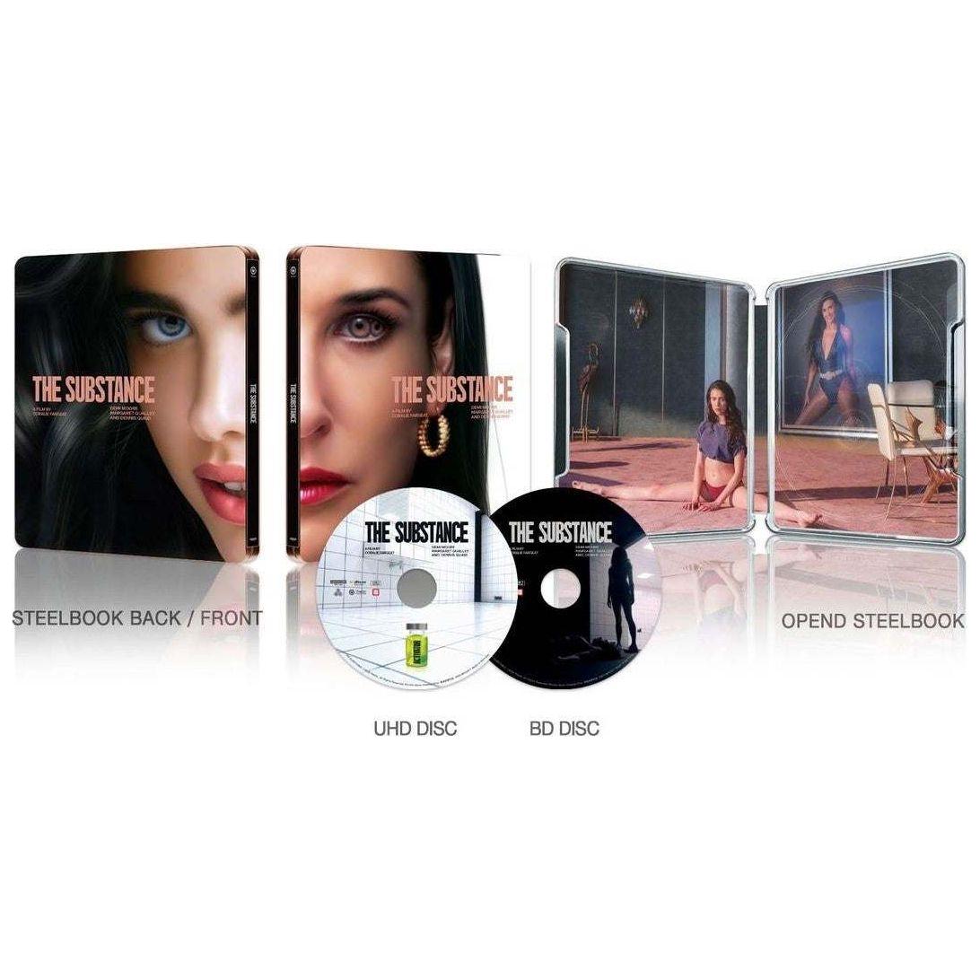 The Substance Steelbook Lenticular Fullslip Limited Edition featuring 4K UHD and Blu-Ray discs with stylish cover art and imagery.