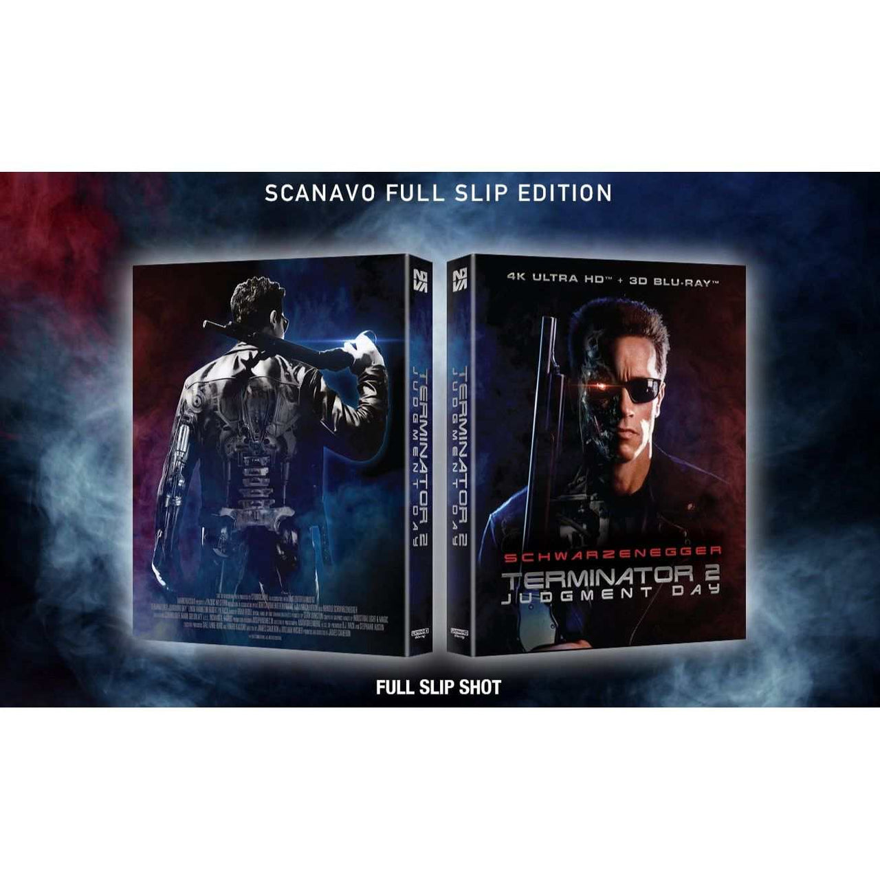 Terminator 2 Judgment Day 4K UHD and 3D Blu-Ray Scanavo Full Slip Edition with Arnold Schwarzenegger cover and back artwork